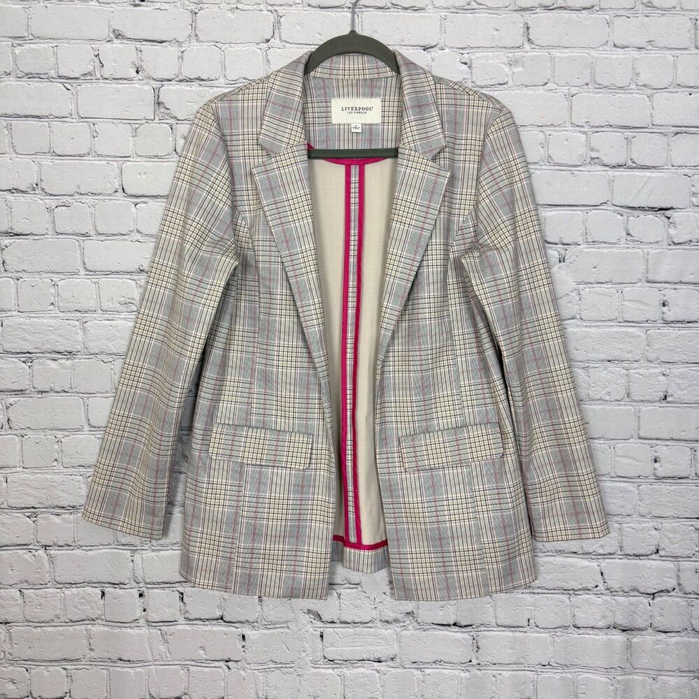 Liverpool LA Ponte Boyfriend Blazer Stretch Notch Fuchsia Kiss Plaid Women S